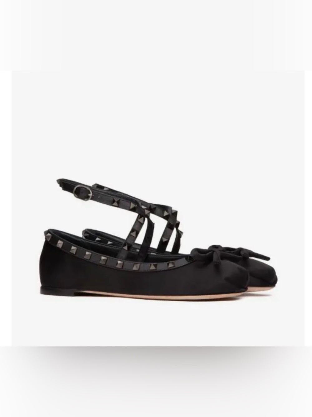 Valentino Black Satin Ballerina Rockstud Ankle-Strap Bow Flats, Sz 9 39 EU